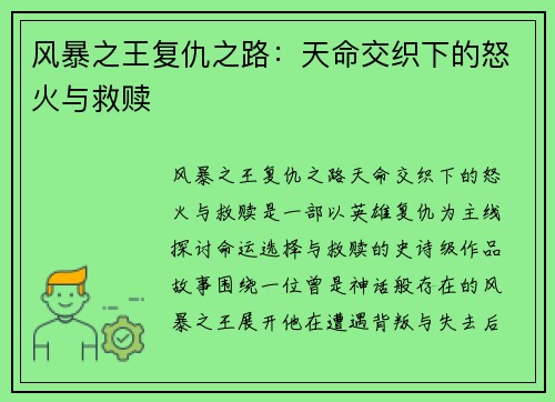 风暴之王复仇之路:天命交织下的怒火与救赎